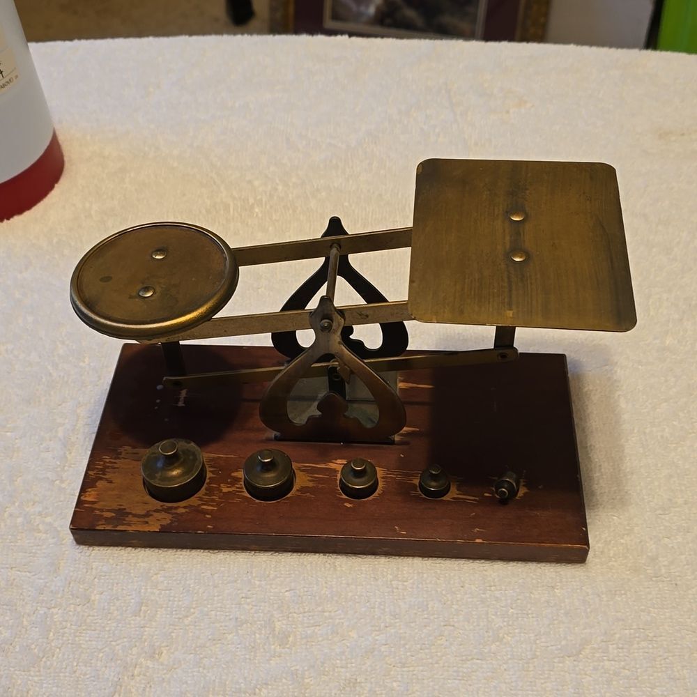 Antique Brass Postal Scale | Wood Base + 5 Original Weights | VTG Letter Tool